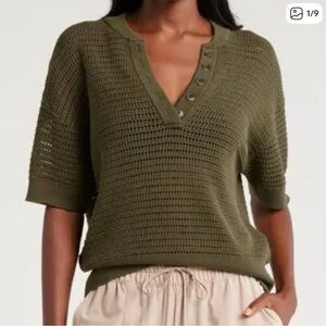 Varley Callie Sheer Knit Cotton Top Dark Olive Small